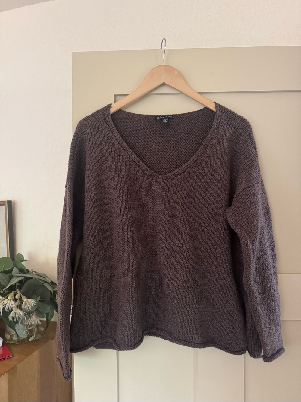 Eileen Fisher S Oversized Organic Cotton Brown Knit Sweater Cropped B
